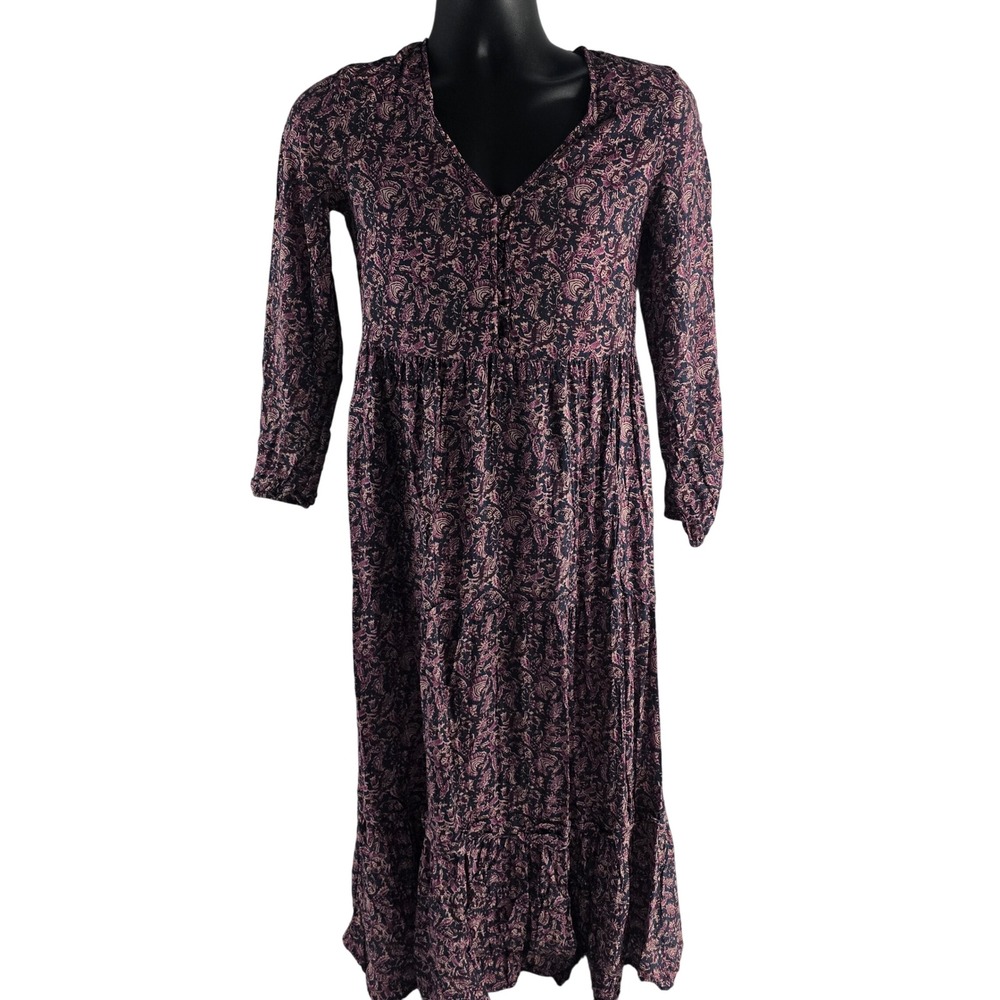 Faherty Womens XS Purple Pink Floral Print V-Neck Button Front Tiered Maxi Dress